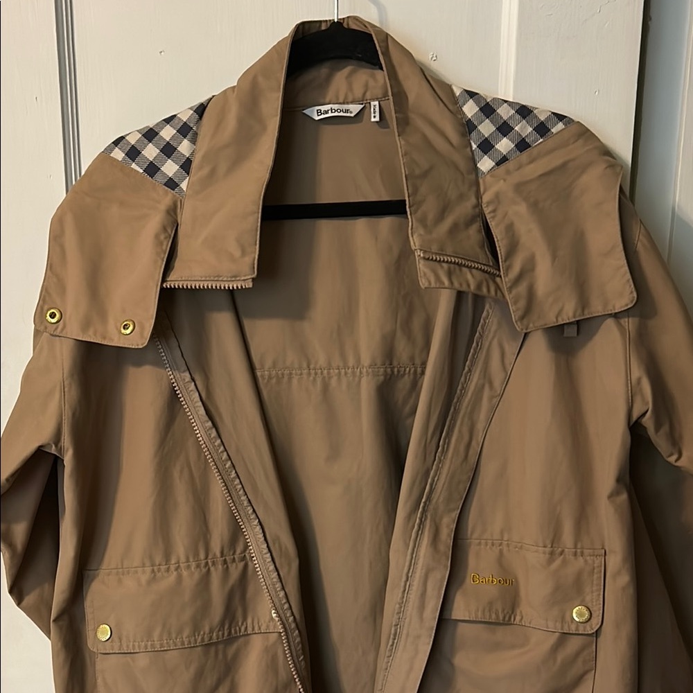 Barbour Khaki and Gingham Rain Jacket- worn a few times size 8. Looks new